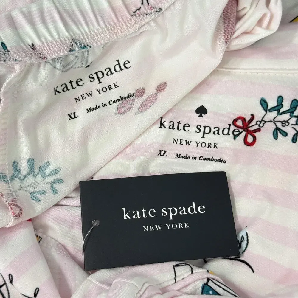 Kate Spade Pajama Set Womens XL Holiday Cocktail Print Winter Christmas Pjs NEW